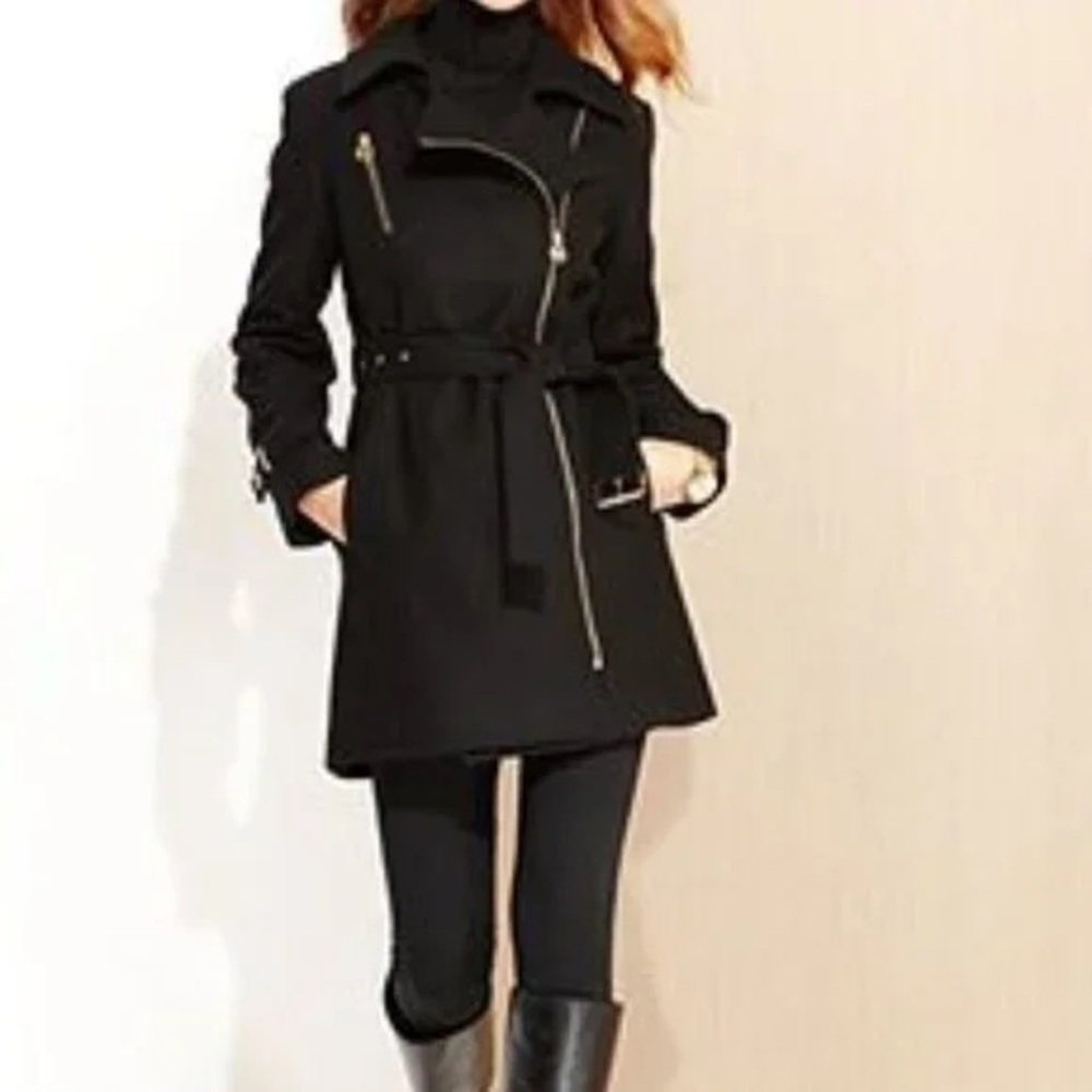 MICHAEL Michael Kors Black Asymmetric Zip Coat with Belt